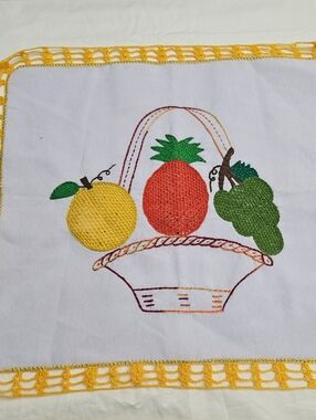 Hand-Embroidered Fruit Basket Kitchen Square with Yellow Crochet Edge